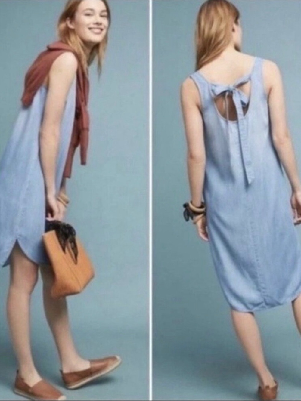 Anthropologie Light Blue Sleeveless Tie-Back Midi Dress